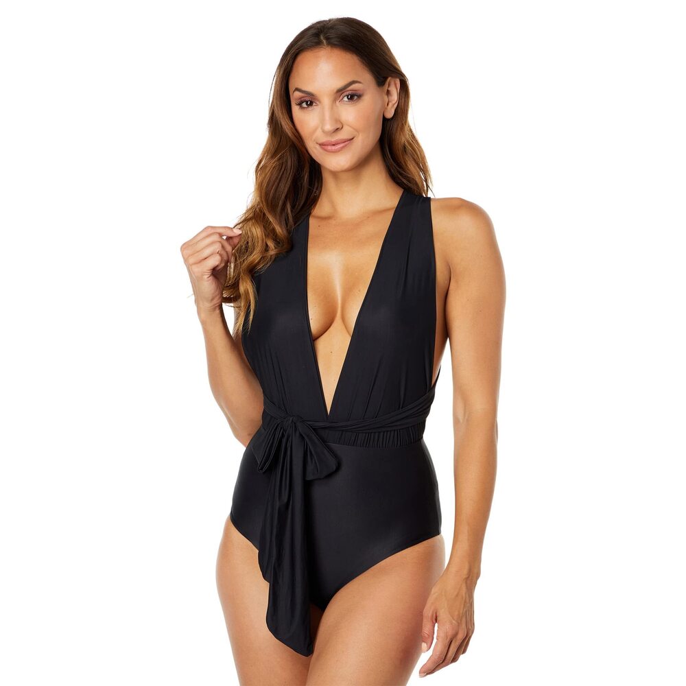RIO DE SOL Marina Tie Front Convertible Full Coverage One Piece Black XS